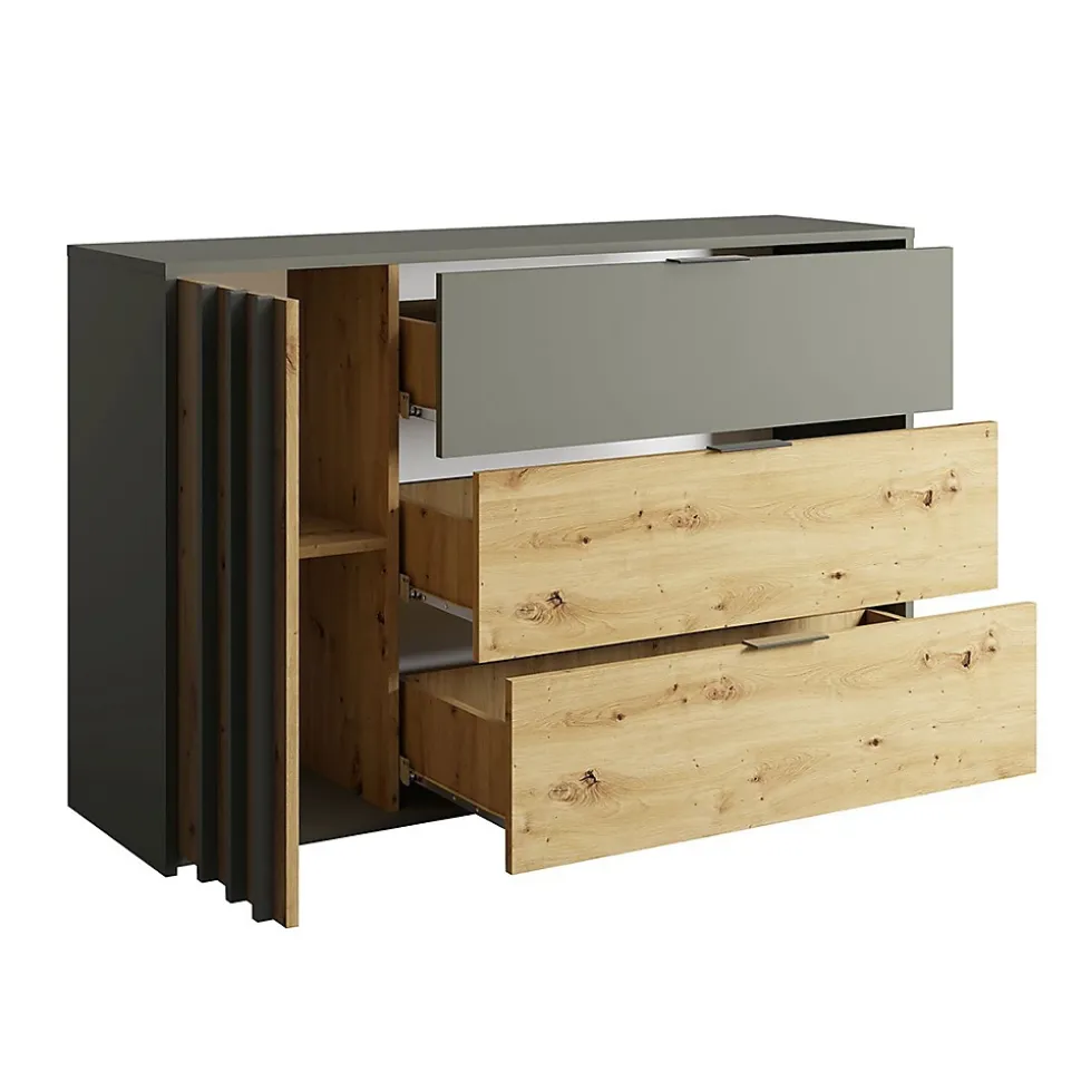 Commode design 3 tiroirs et 1 porte. Collection IZO coloris gris anthracite et chene clair.