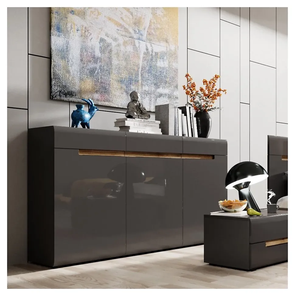 Commode design LUCIA, 3 portes et 3 tiroirs. Coloris gris brillant et chene