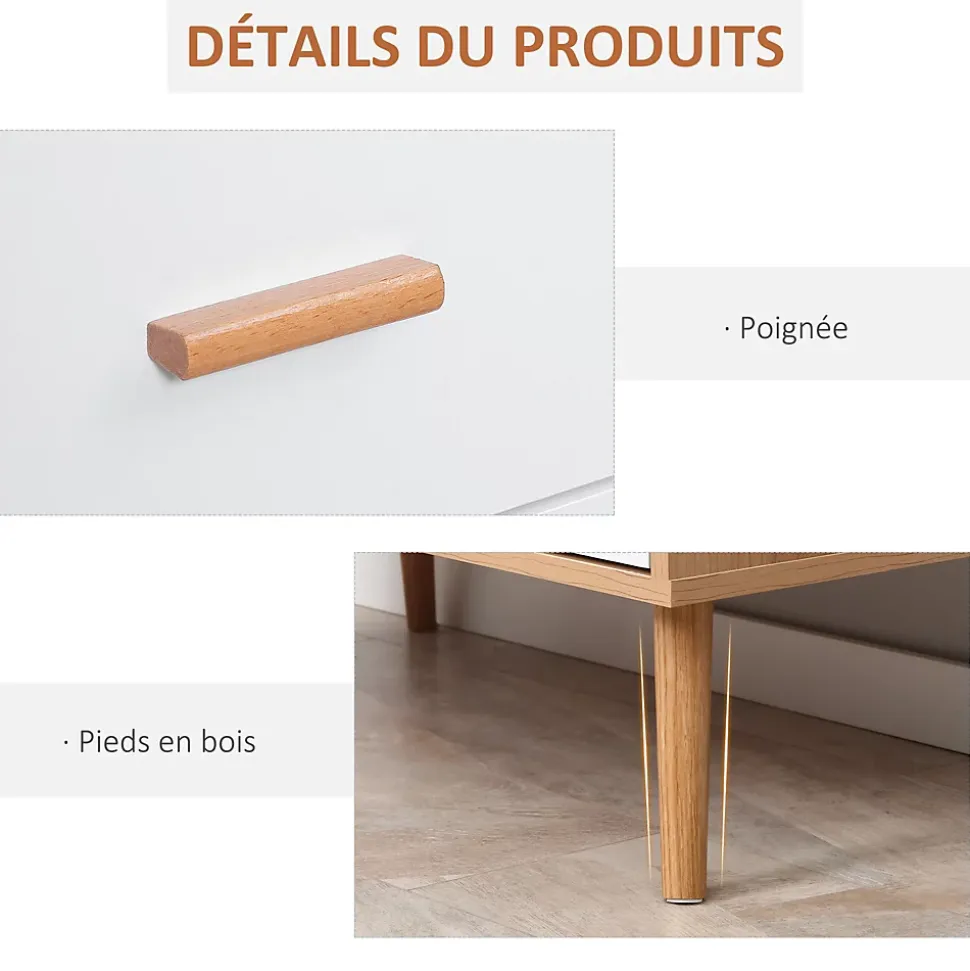 Commode design scandinave sur pieds 3 tiroirs coulissants pieds effilés inclinés panneaux particules blanc aspect bois clair