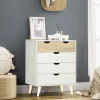 Commode design scandinave 5 tiroirs coulissants piètement bois effilé incliné panneaux blanc aspect bois clair