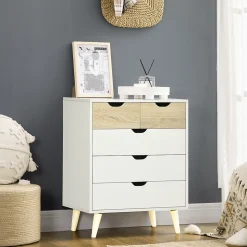 Commode design scandinave 5 tiroirs coulissants piètement bois effilé incliné panneaux blanc aspect bois clair