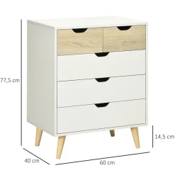 Commode design scandinave 5 tiroirs coulissants piètement bois effilé incliné panneaux blanc aspect bois clair