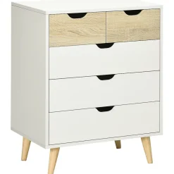 Commode design scandinave 5 tiroirs coulissants piètement bois effilé incliné panneaux blanc aspect bois clair