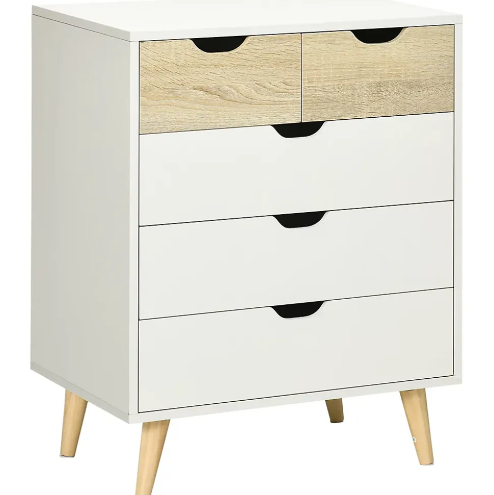 Commode design scandinave 5 tiroirs coulissants piètement bois effilé incliné panneaux blanc aspect bois clair