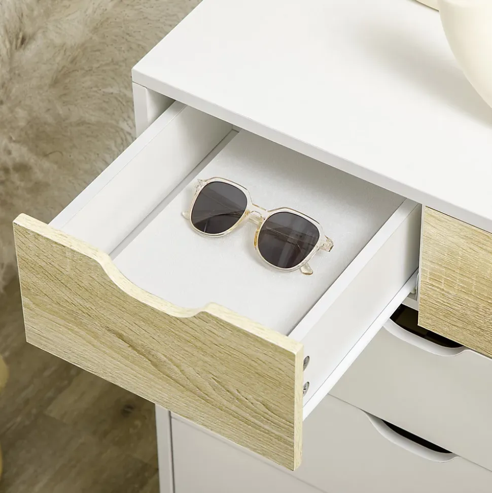 Commode design scandinave 5 tiroirs coulissants piètement bois effilé incliné panneaux blanc aspect bois clair