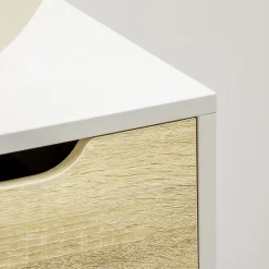 Commode design scandinave 5 tiroirs coulissants piètement bois effilé incliné panneaux blanc aspect bois clair