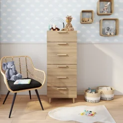 Commode effet chêne sur pieds 6 tiroirs chambre enfant GoodHome Atomia H. 123 x L. 50 x P. 45 cm