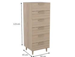 Commode effet chêne sur pieds 6 tiroirs chambre enfant GoodHome Atomia H. 123 x L. 50 x P. 45 cm