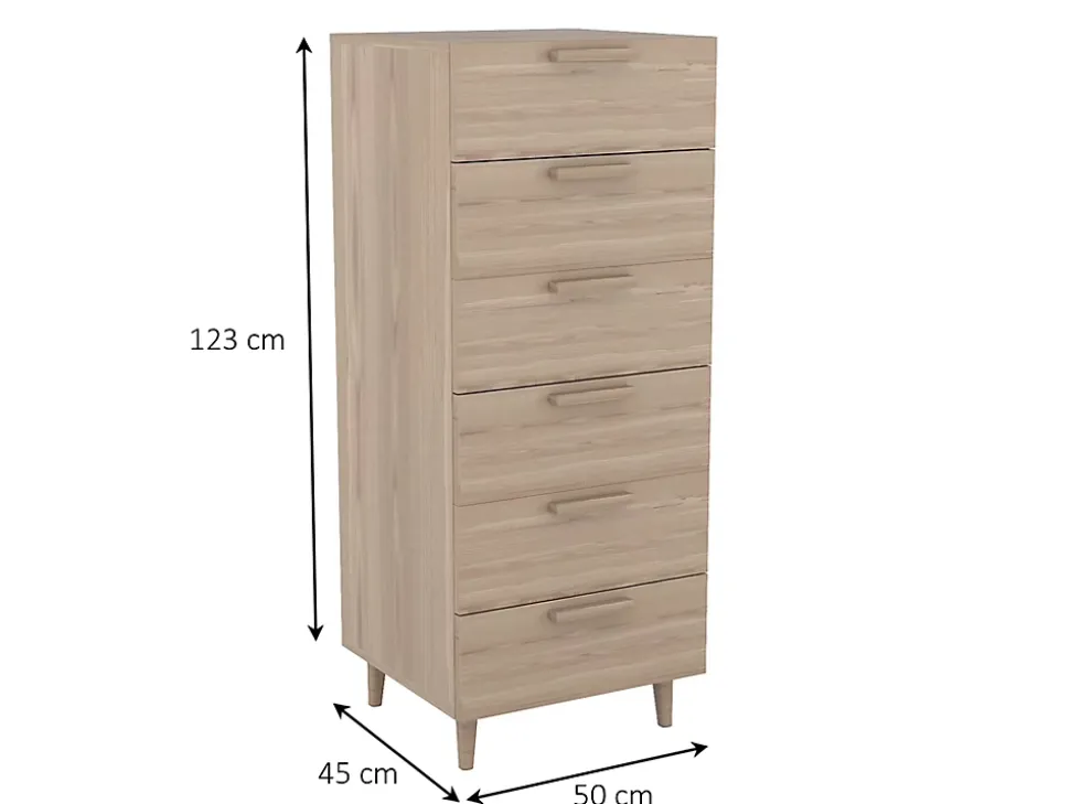 Commode effet chêne sur pieds 6 tiroirs chambre enfant GoodHome Atomia H. 123 x L. 50 x P. 45 cm