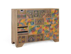 Commode en bois de manguier 14 tiroirs avec détails peints à la main