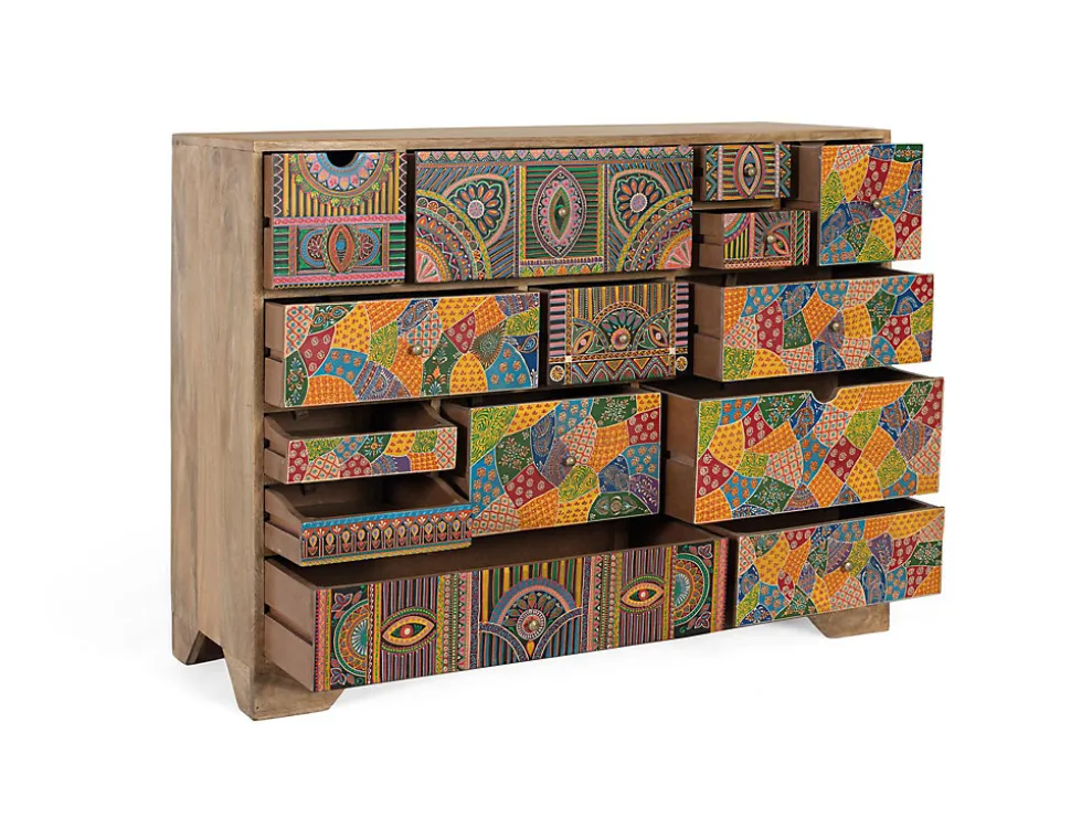 Commode en bois de manguier 14 tiroirs avec détails peints à la main