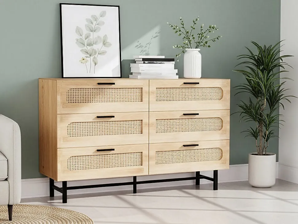 Commode en bois et cannage "Harrison" 120 x 40 x 75 cm Beige