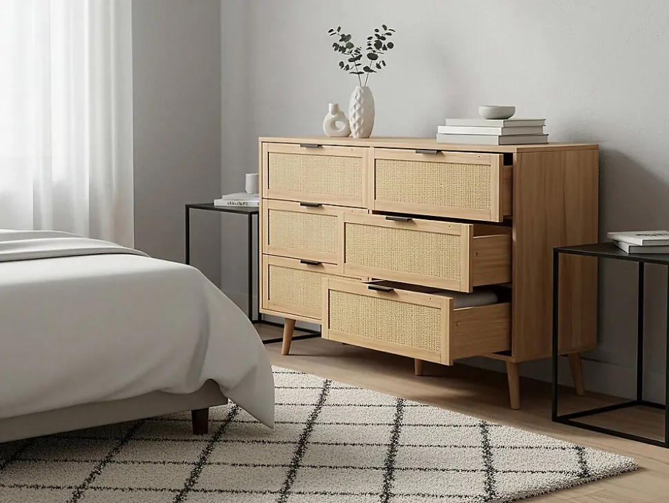 Commode en bois et cannage "Preston" 120 x 40 x 75 cm Beige