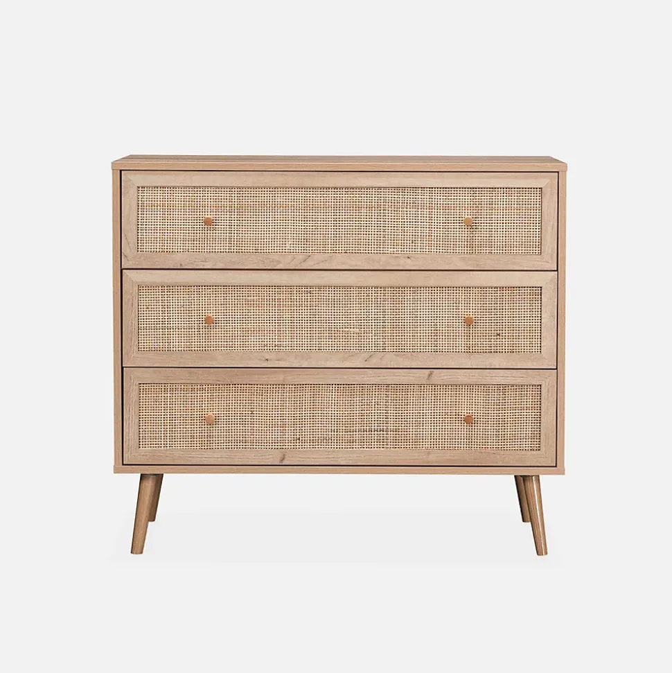 Commode en décor bois et cannage 90x39x79cm - Bohème - 3 tiroirs