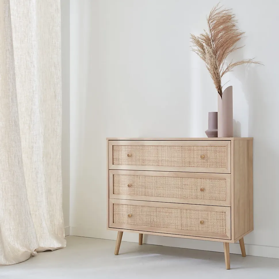 Commode en décor bois et cannage 90x39x79cm - Bohème - 3 tiroirs