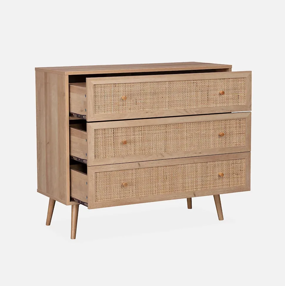 Commode en décor bois et cannage 90x39x79cm - Bohème - 3 tiroirs