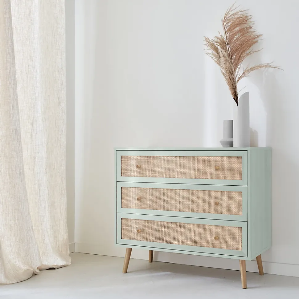 Commode en décor bois vert céladon et cannage 90x39x79cm - Bohème - 3 tiroirs