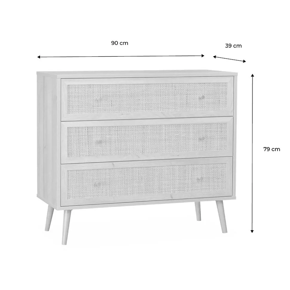 Commode en décor bois vert céladon et cannage 90x39x79cm - Bohème - 3 tiroirs