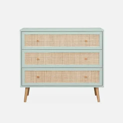 Commode en décor bois vert céladon et cannage 90x39x79cm - Bohème - 3 tiroirs