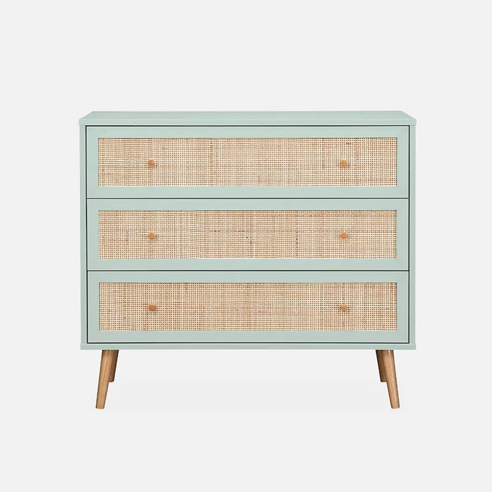 Commode en décor bois vert céladon et cannage 90x39x79cm - Bohème - 3 tiroirs