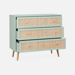 Commode en décor bois vert céladon et cannage 90x39x79cm - Bohème - 3 tiroirs
