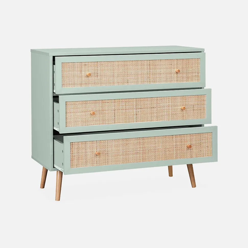 Commode en décor bois vert céladon et cannage 90x39x79cm - Bohème - 3 tiroirs