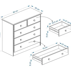 Commode en pin RONDO, 2+3 tiroirs, lasuré blanc