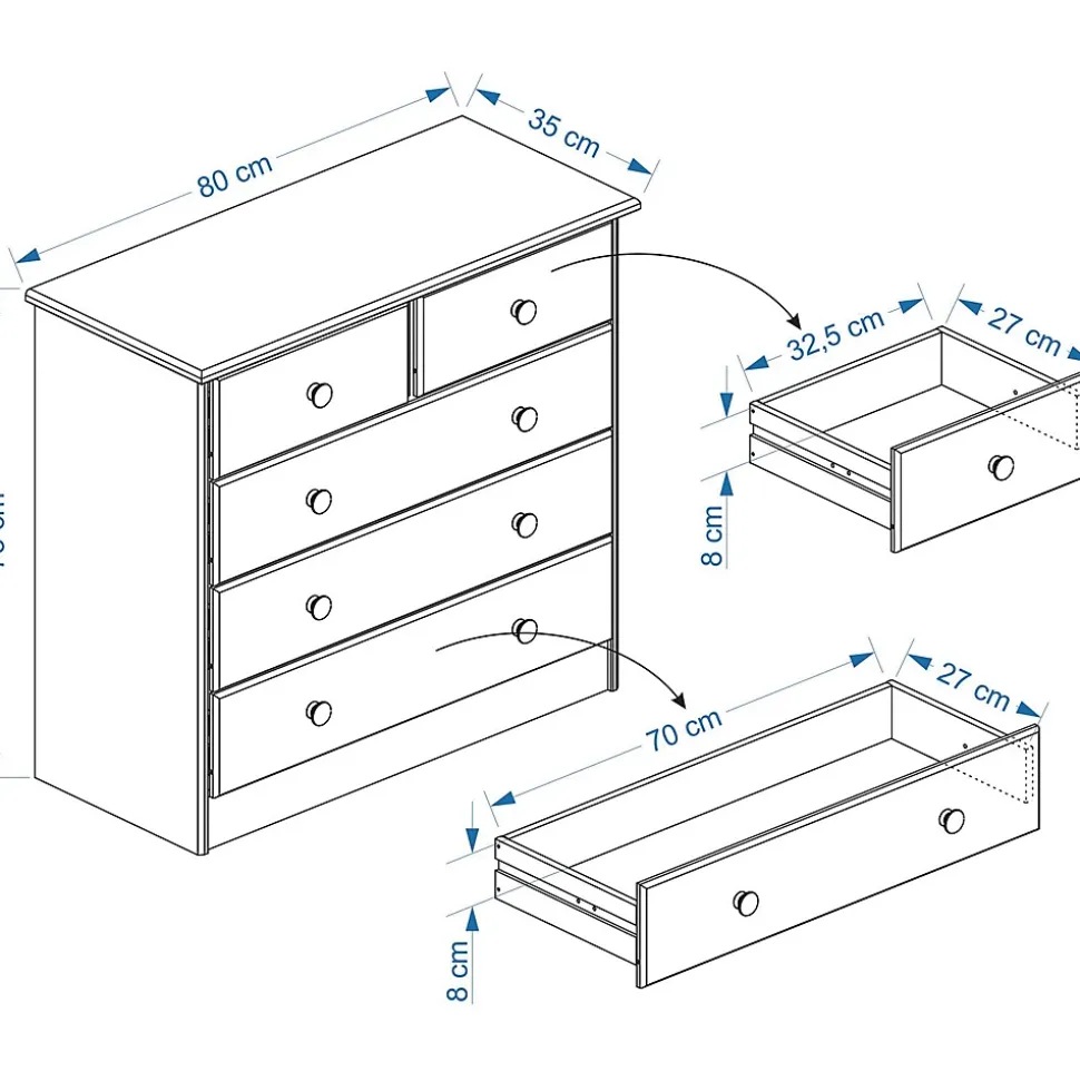 Commode en pin RONDO, 2+3 tiroirs, lasuré blanc