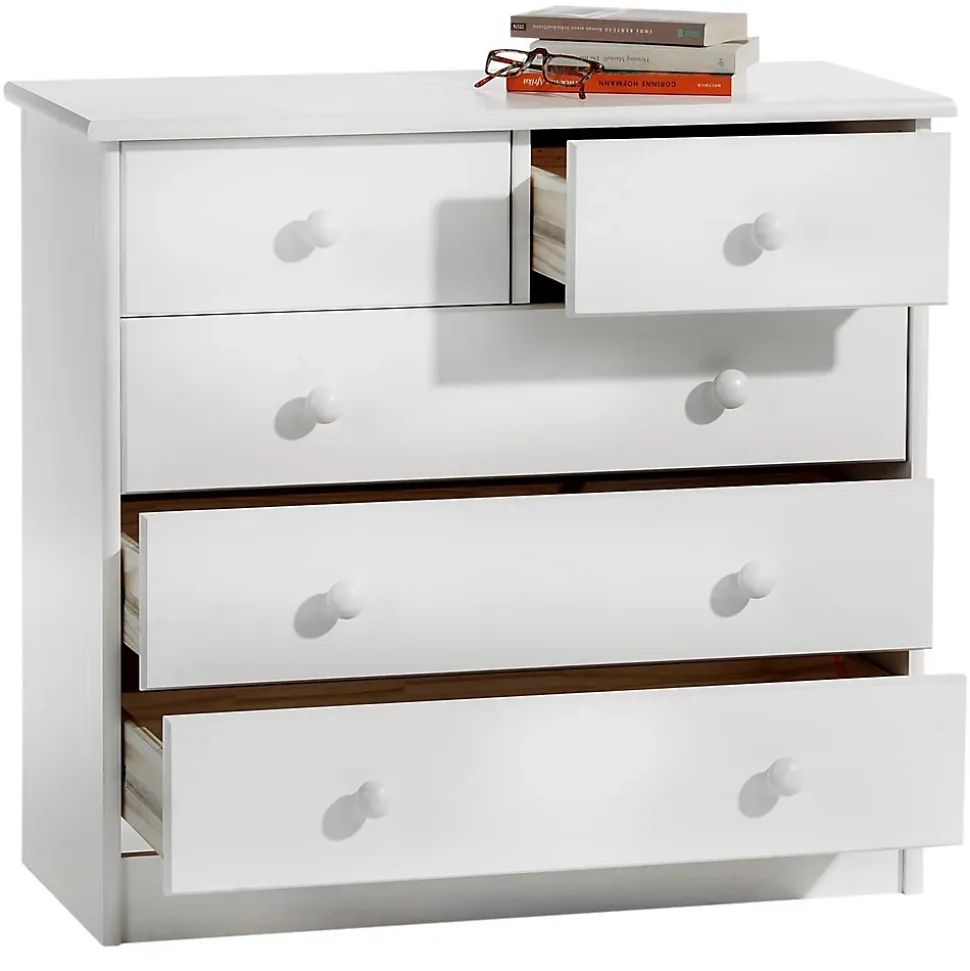 Commode en pin RONDO, 2+3 tiroirs, lasuré blanc