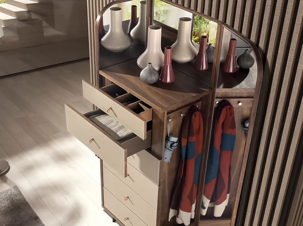 Commode en similicuir, noyer et acier poli avec miroir