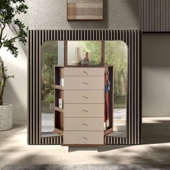 Commode en similicuir, noyer et acier poli avec miroir