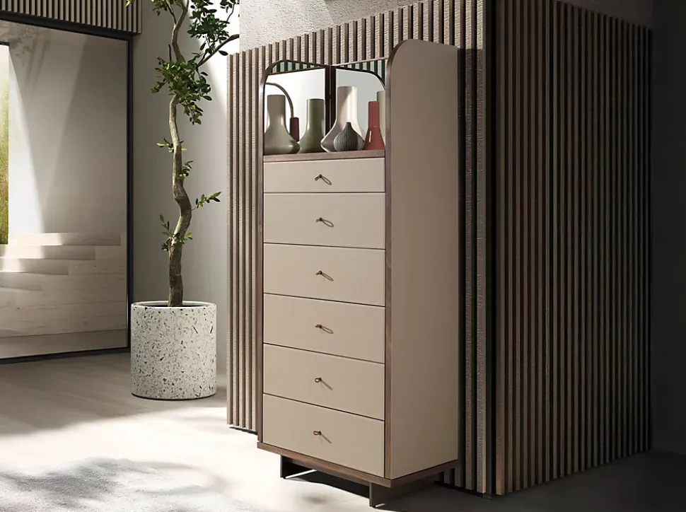 Commode en similicuir, noyer et acier poli avec miroir