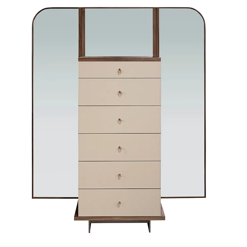 Commode en similicuir, noyer et acier poli avec miroir
