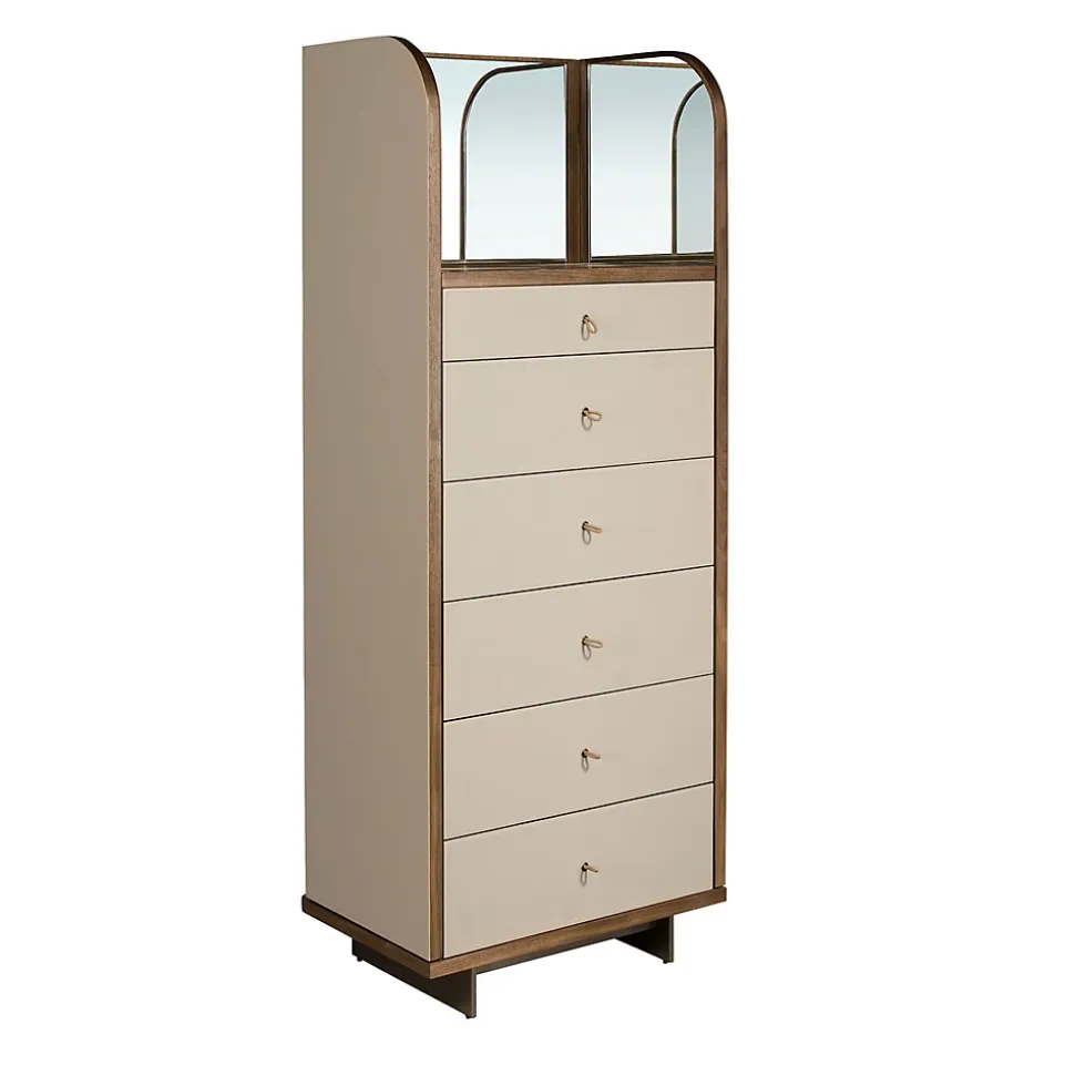Commode en similicuir, noyer et acier poli avec miroir