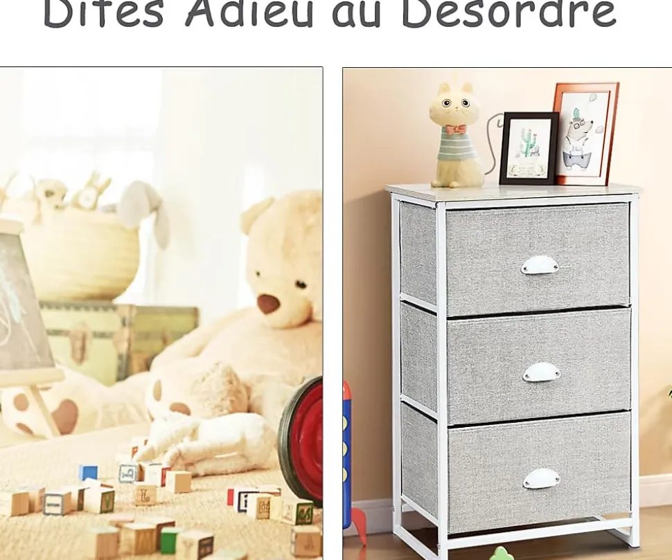 Commode en Tissu avec 3 Tiroirs Armoire de Rangement avec Tiroirs Pliables Cadre en Métal Robuste