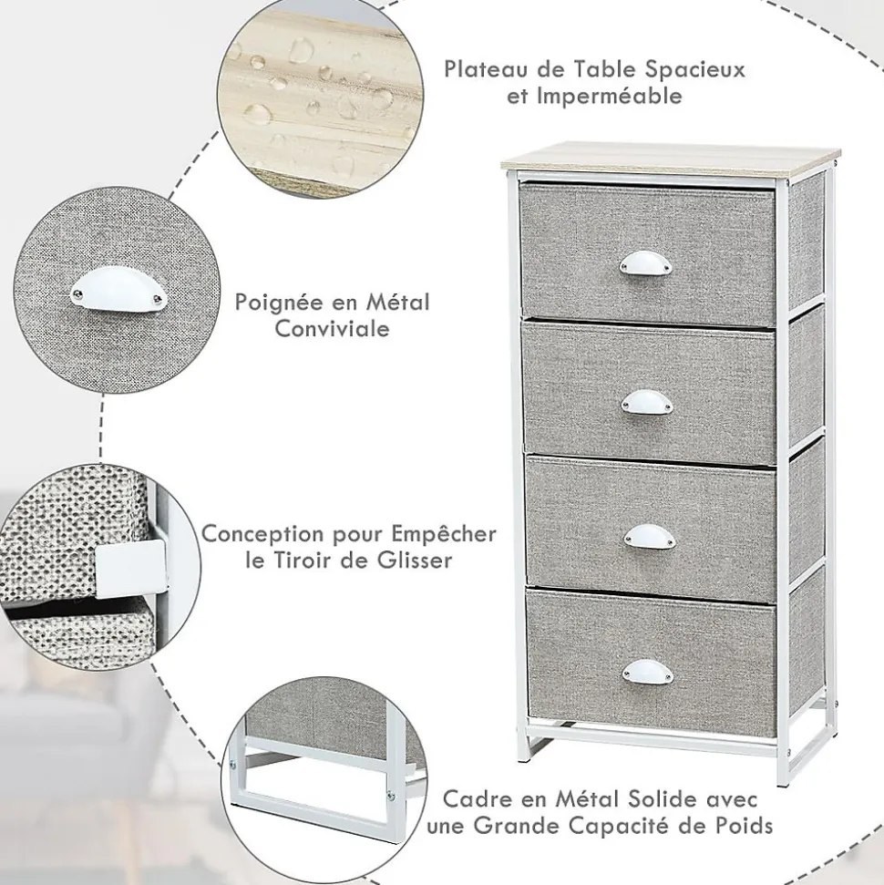 Commode en Tissu avec 4 Tiroirs Armoire de Rangement avec Tiroirs Pliables Cadre en Métal Robuste