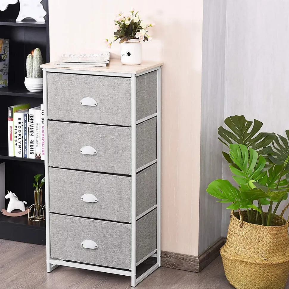 Commode en Tissu avec 4 Tiroirs Armoire de Rangement avec Tiroirs Pliables Cadre en Métal Robuste