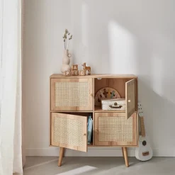 Commode enfant décor bois 4 portes en cannage