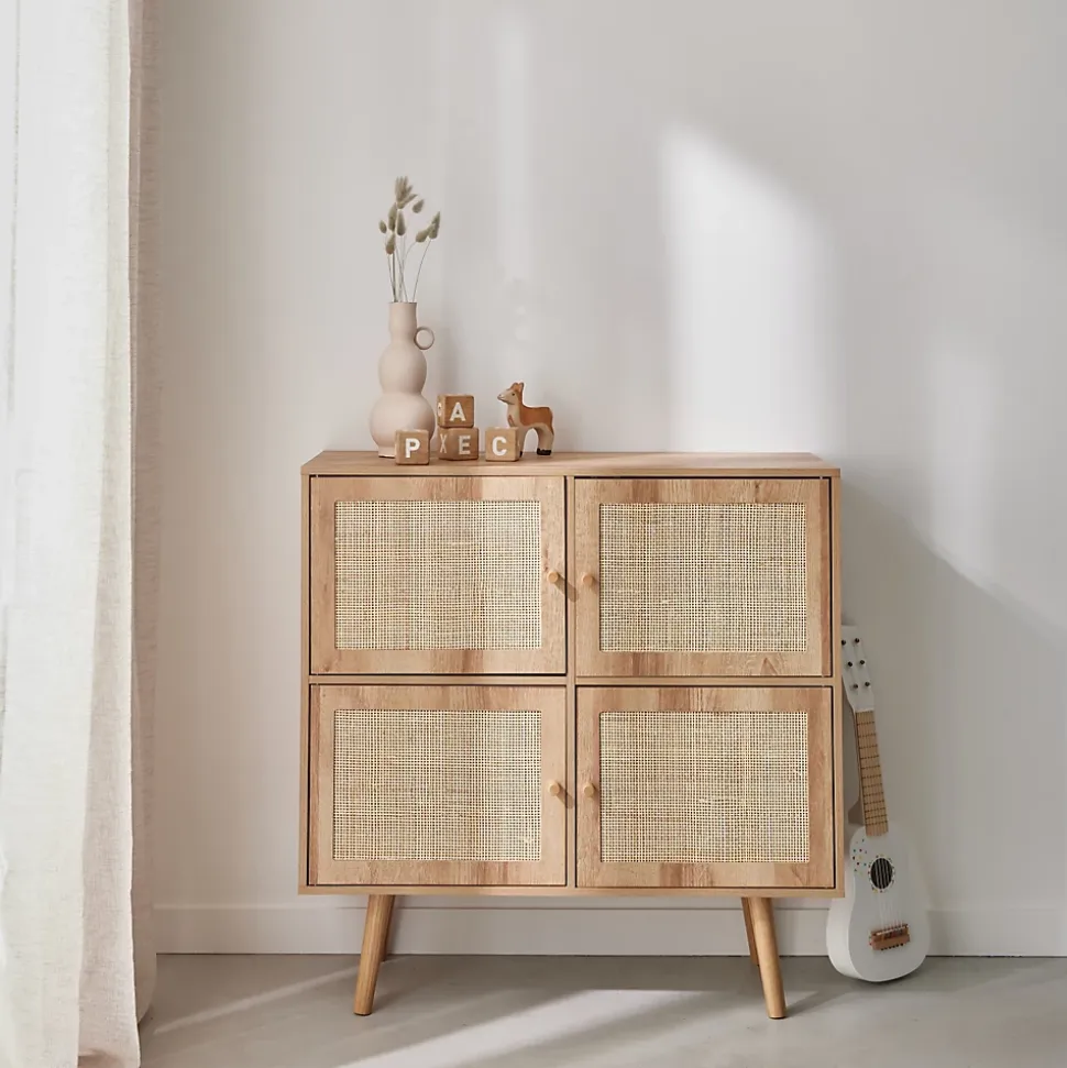 Commode enfant décor bois 4 portes en cannage