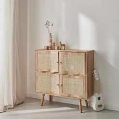 Commode enfant décor bois 4 portes en cannage