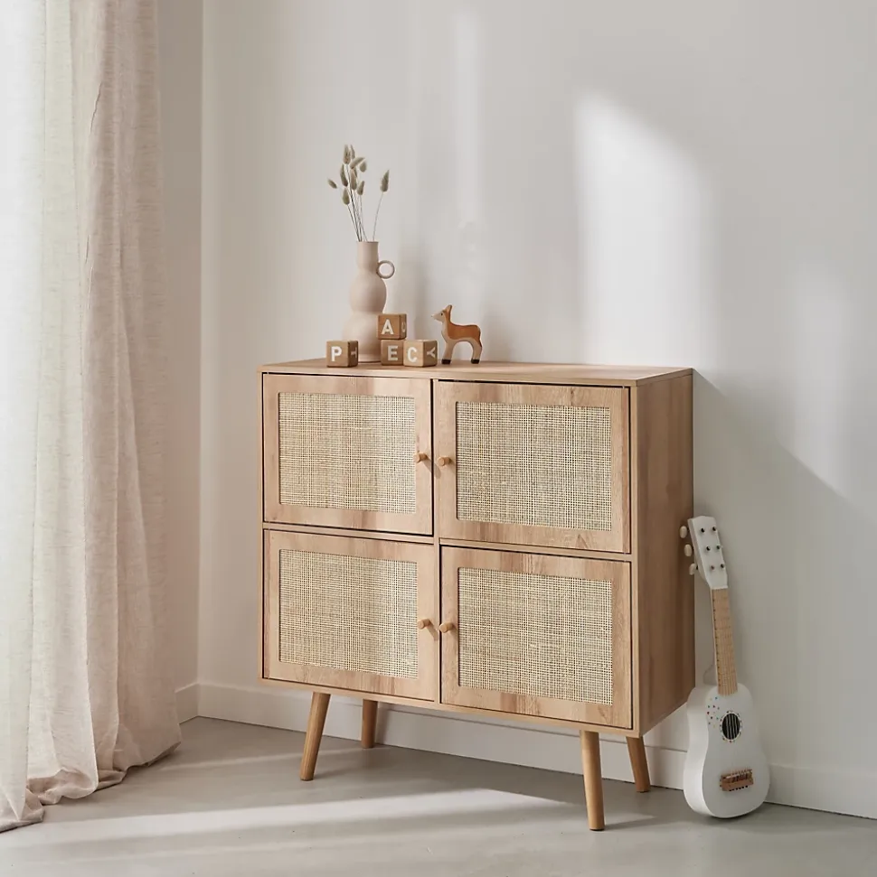 Commode enfant décor bois 4 portes en cannage
