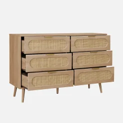 Commode. Eva. 6 tiroirs. décor bois. cannage arrondi L 120 x l 39 x H 79cm