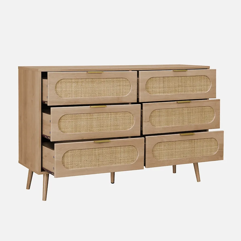 Commode. Eva. 6 tiroirs. décor bois. cannage arrondi L 120 x l 39 x H 79cm