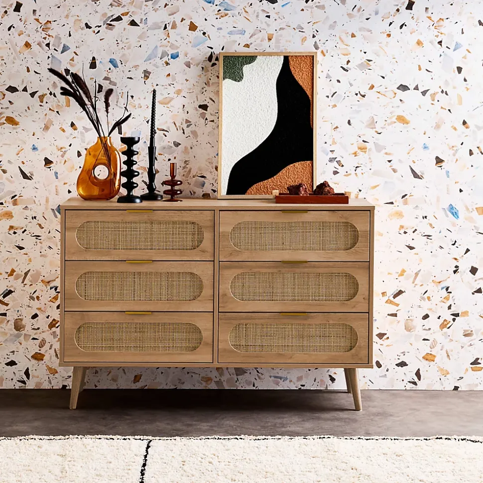 Commode. Eva. 6 tiroirs. décor bois. cannage arrondi L 120 x l 39 x H 79cm