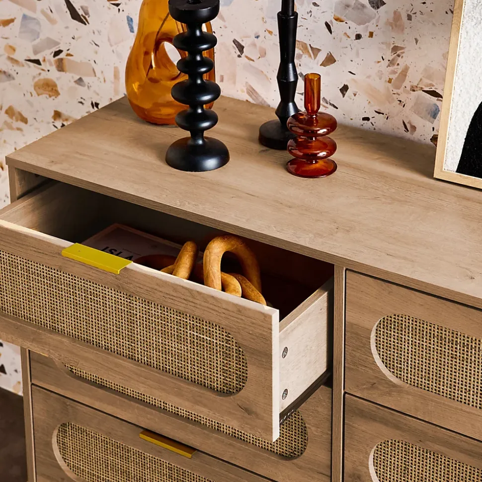 Commode. Eva. 6 tiroirs. décor bois. cannage arrondi L 120 x l 39 x H 79cm