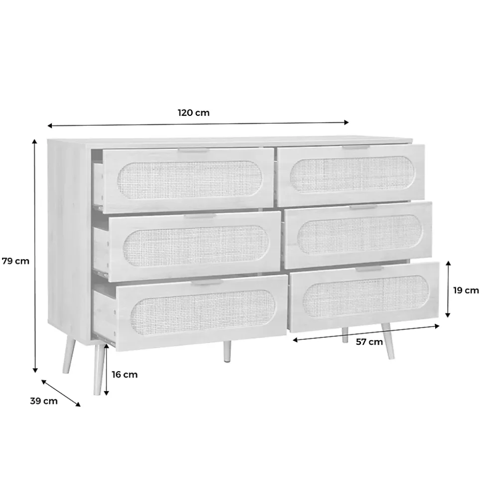 Commode. Eva. 6 tiroirs. décor bois. cannage arrondi L 120 x l 39 x H 79cm
