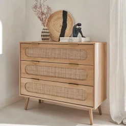 Commode. Eva. décor bois et cannage arrondi. 3 tiroirs L 90 x l 39 x H 79cm