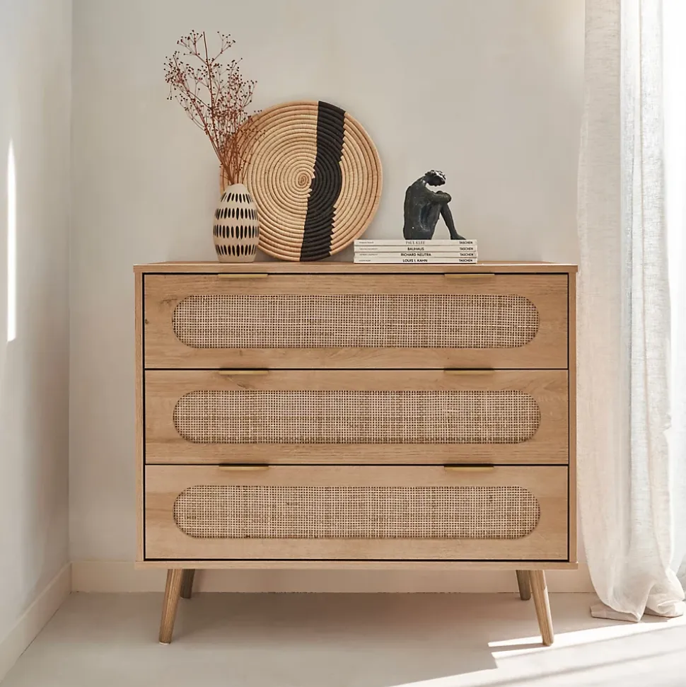 Commode. Eva. décor bois et cannage arrondi. 3 tiroirs L 90 x l 39 x H 79cm