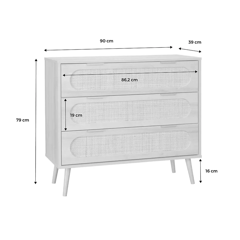 Commode. Eva. décor bois et cannage arrondi. 3 tiroirs L 90 x l 39 x H 79cm