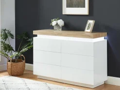 Commode HALO II - 6 tiroirs - MDF laqué - Avec LEDs - Coloris : Blanc et Chêne